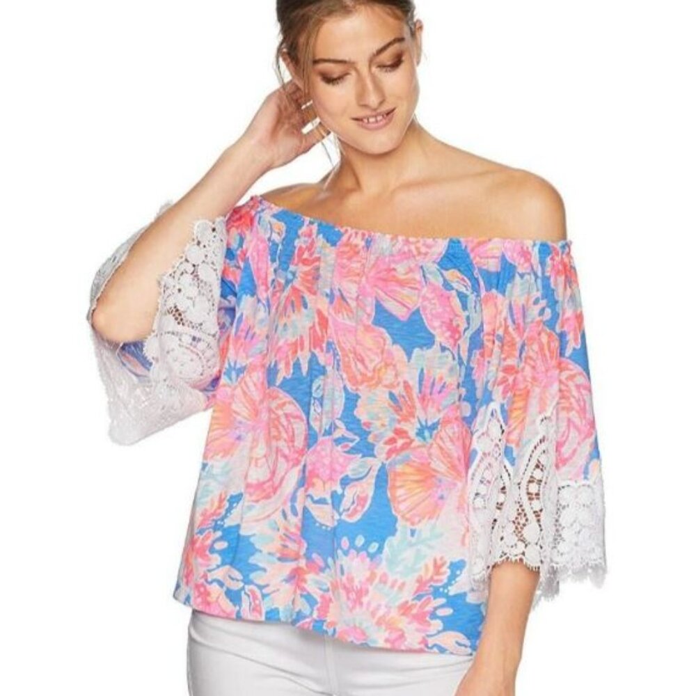 Lilly Pulitzer Zaylee Top XS Off The Shoulder Bennet Blue Bay Dreamin 29287